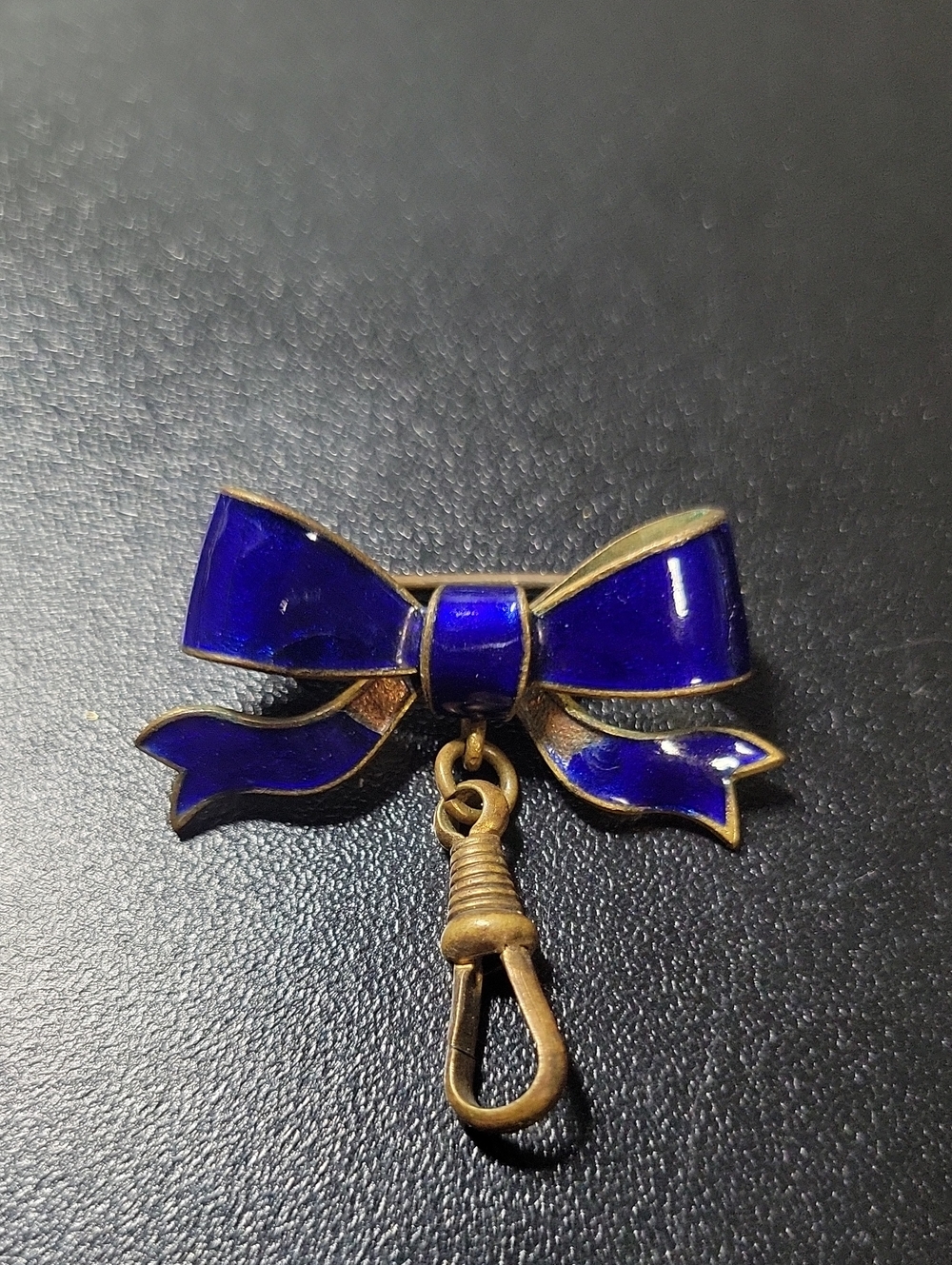 Blue Enamel Bow Brooch with Dangle Clip